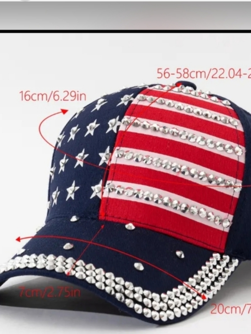 Embellished American Flag Rhinestone Baseball Cap - Navy & Red - Picture 5 of 8